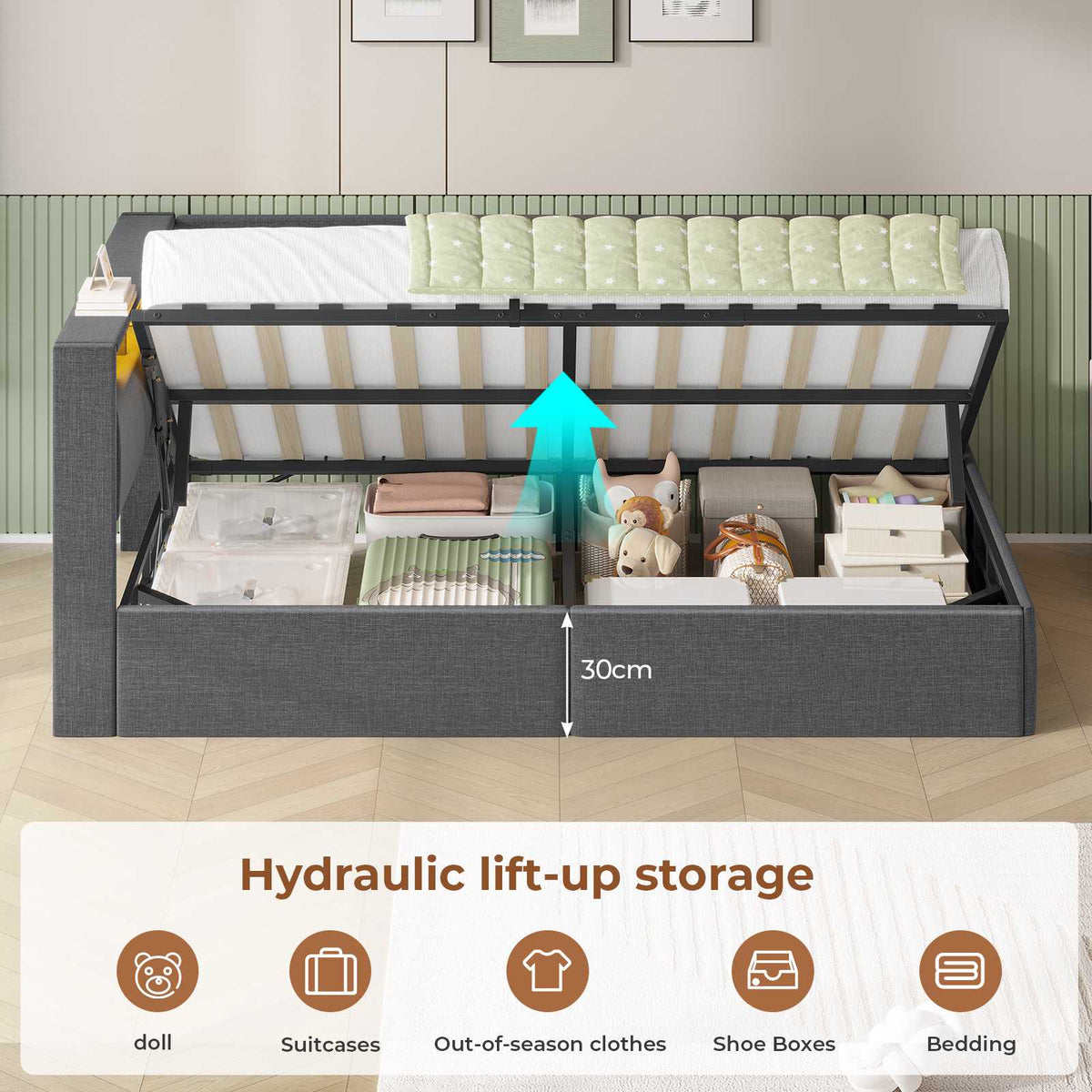 AOGLLATI  Bed Frame with Hydraulic Storage  Charging Station and LED Lights  Reversible Left/Right Hand Assembly