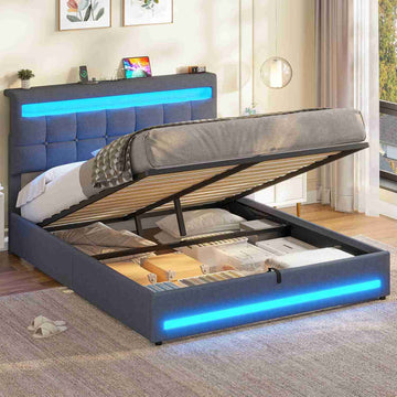 AOGLLATI Double Ottoman Bed Frame 135×190 cm with Charging Station  LED Lights with Under-bed Storage and Storage Headboard