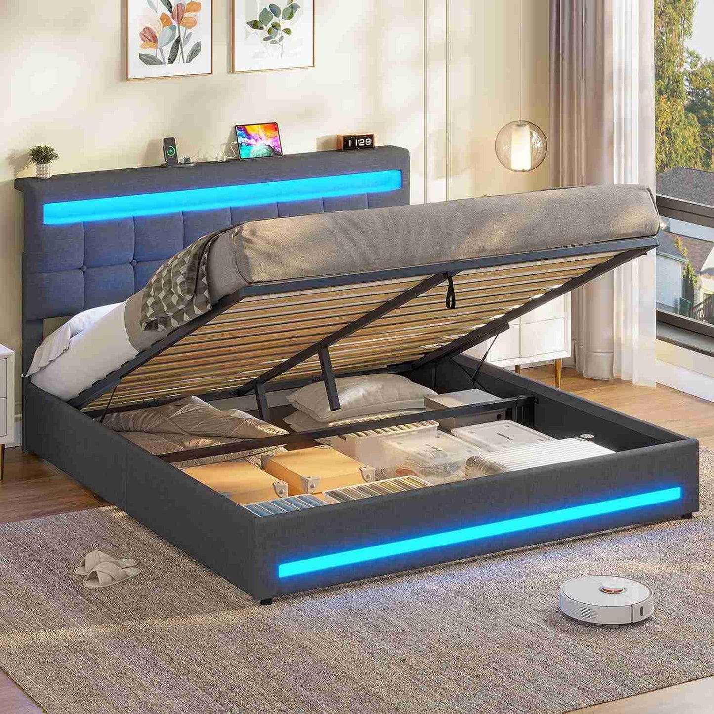 AOGLLATI 5ft King Ottoman Bed Frame 150×200 cm with Charging Station and LED Lights Upholstered Platform Bed frame