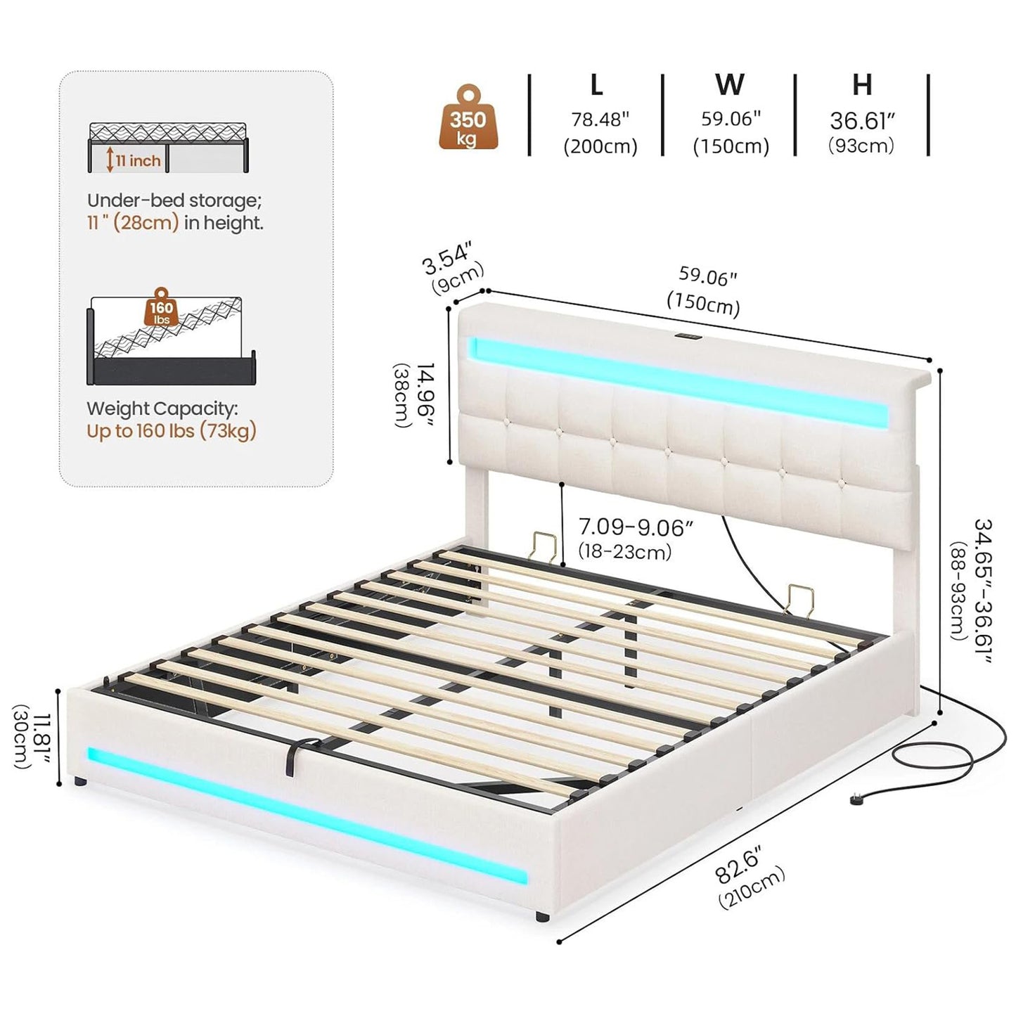 AOGLLATI 5ft King Ottoman Bed Frame 150×200 cm with Charging Station and LED Lights Upholstered Platform Bed frame