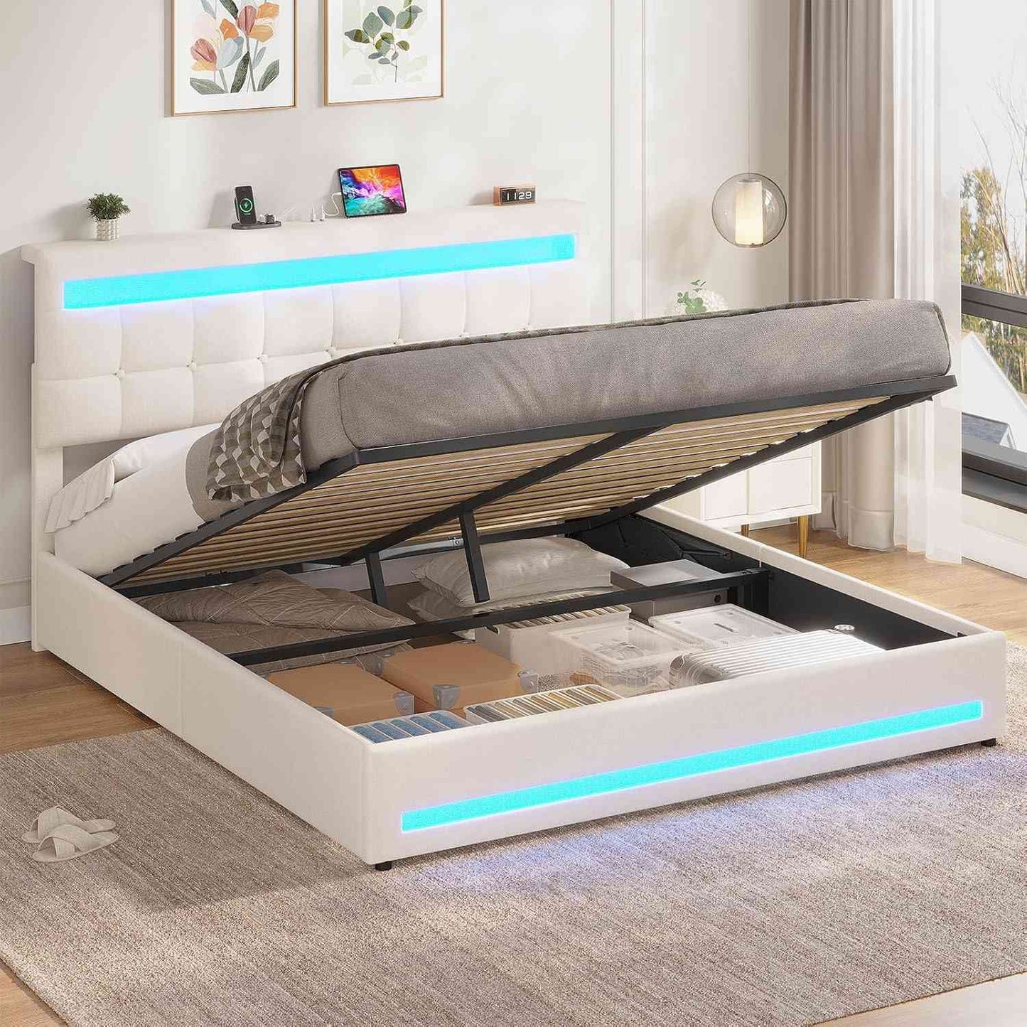AOGLLATI 5ft King Ottoman Bed Frame 150×200 cm with Charging Station and LED Lights Upholstered Platform Bed frame