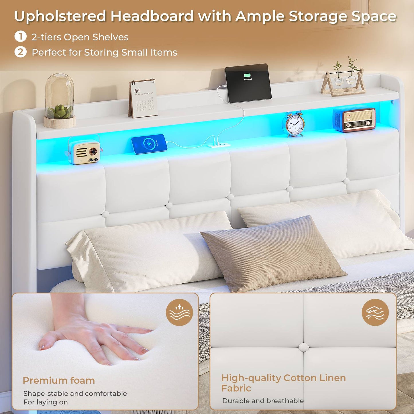 AOGLLATI 4ft6 Floating Double Bed Frame 135×190CM with LED Lights  Charging Station with Upholstered Headboard