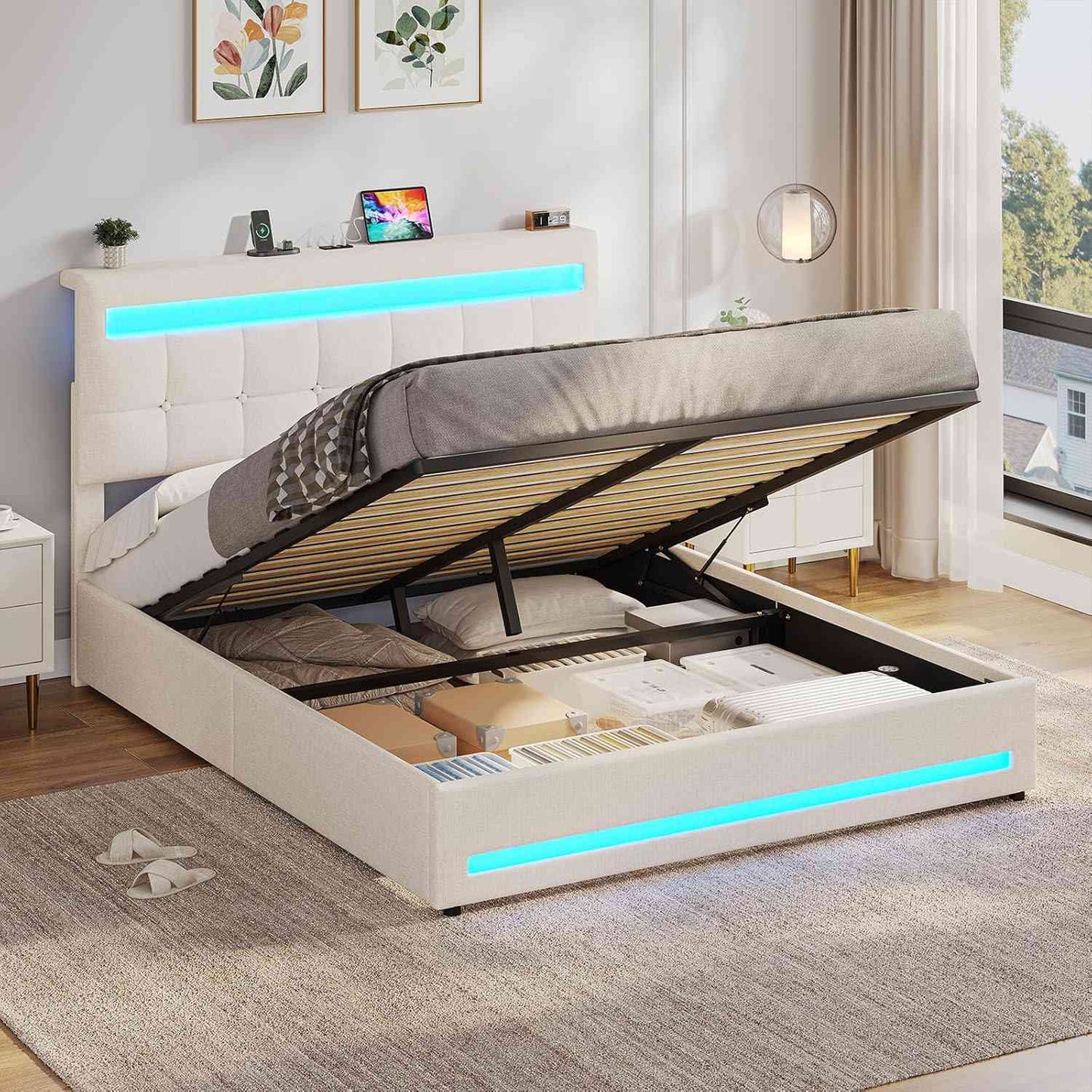 AOGLLATI Double Ottoman Bed Frame 135×190 cm with Charging Station  LED Lights with Under-bed Storage and Storage Headboard