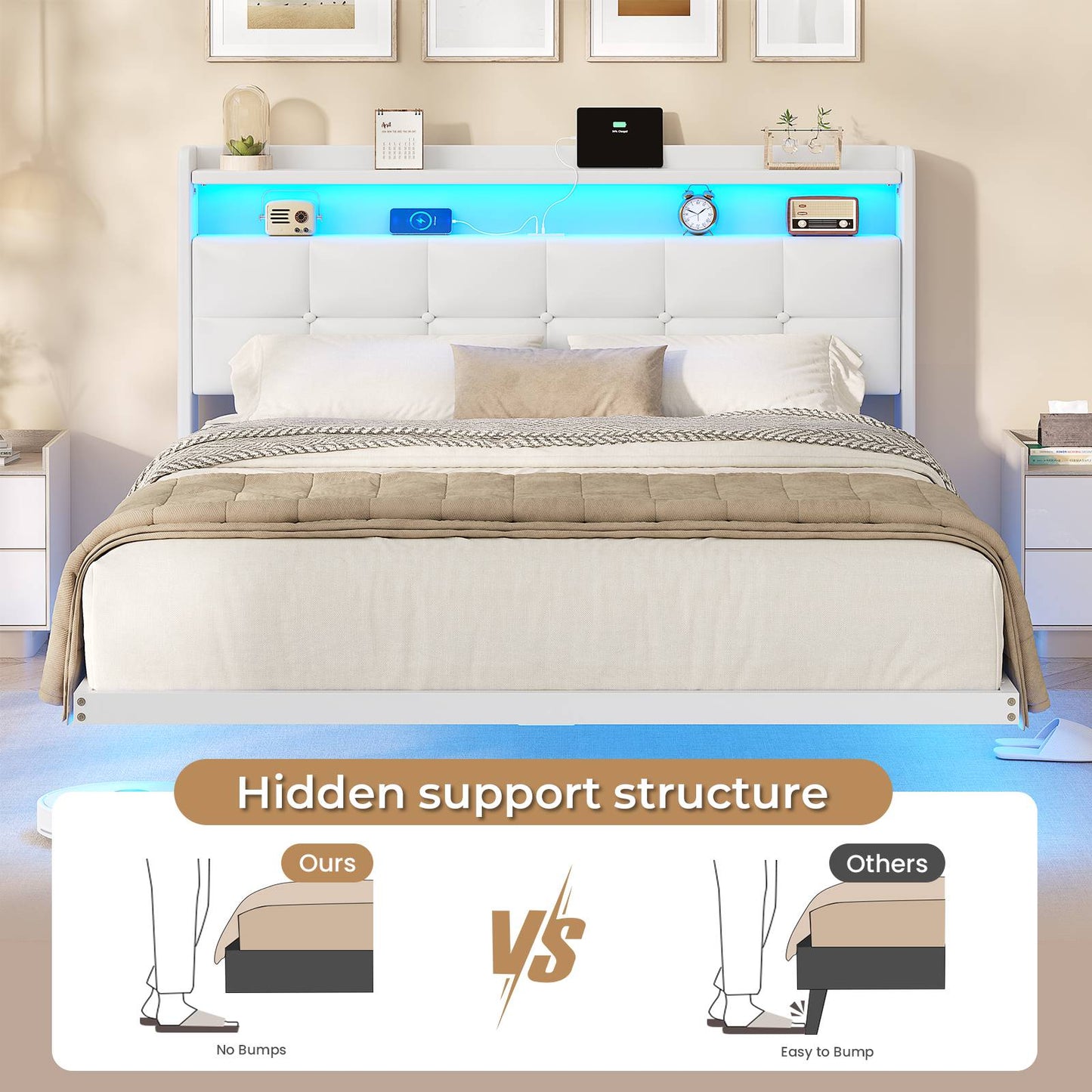 AOGLLATI 4ft6 Floating Double Bed Frame 135×190CM with LED Lights  Charging Station with Upholstered Headboard