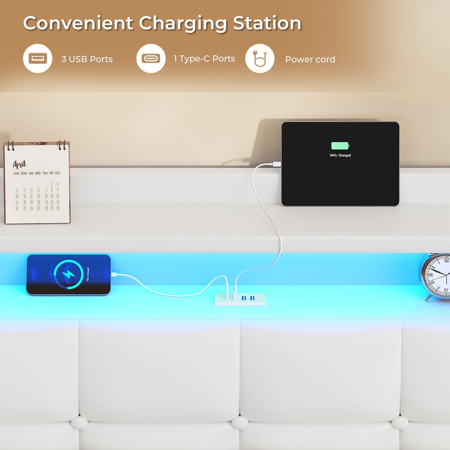 AOGLLATI 4ft6 Floating Double Bed Frame 135×190CM with LED Lights  Charging Station with Upholstered Headboard