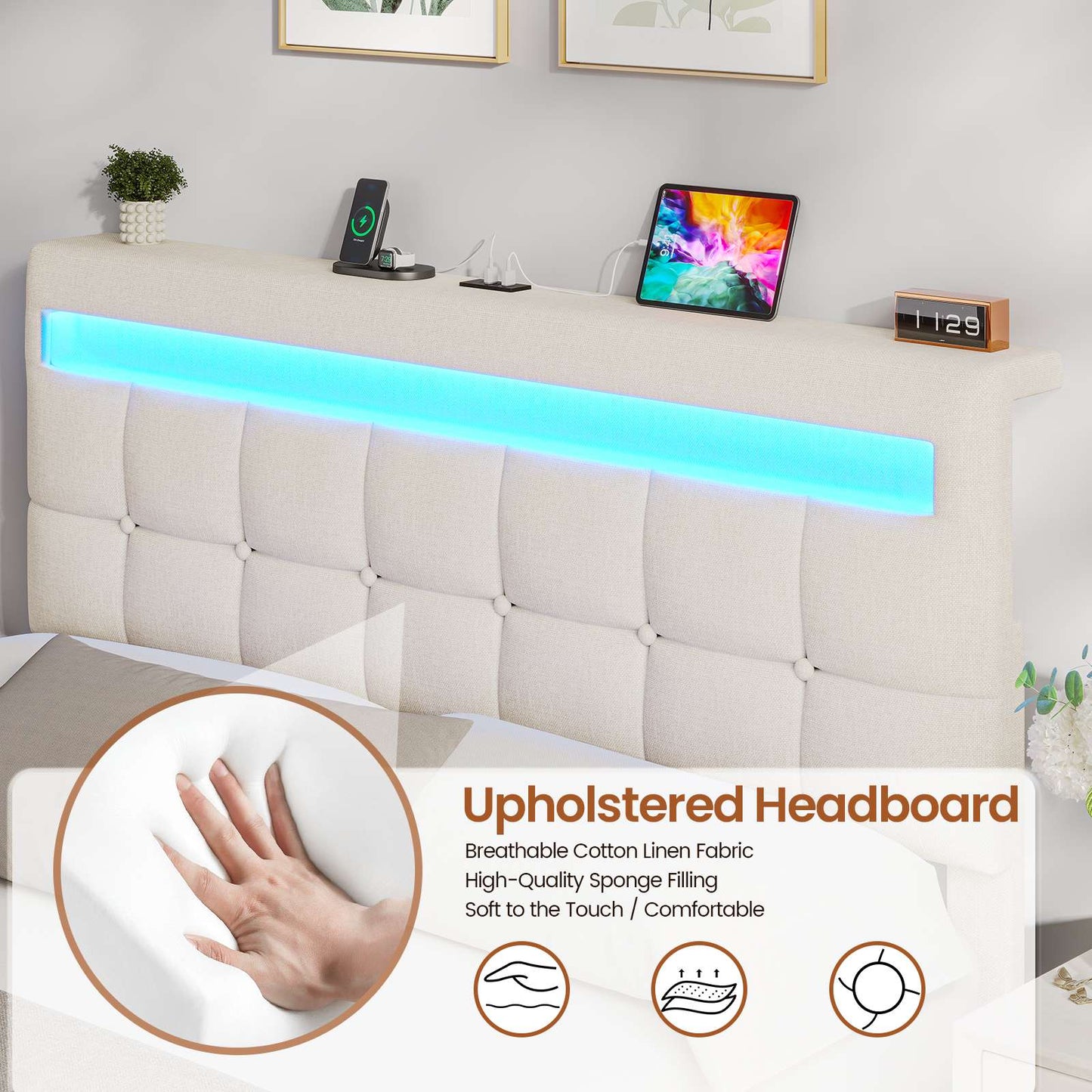 AOGLLATI Double Ottoman Bed Frame 135×190 cm with Charging Station  LED Lights with Under-bed Storage and Storage Headboard