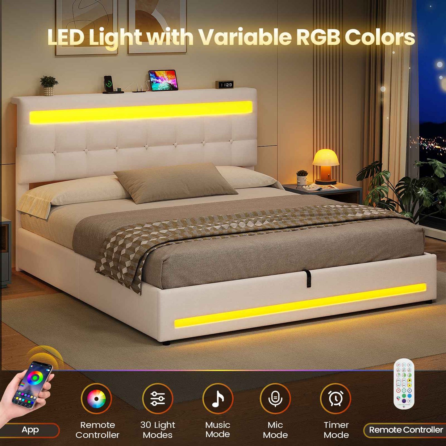 AOGLLATI 5ft King Ottoman Bed Frame 150×200 cm with Charging Station and LED Lights Upholstered Platform Bed frame