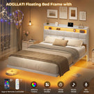AOGLLATI 4ft6 Floating Double Bed Frame 135×190CM with LED Lights  Charging Station with Upholstered Headboard