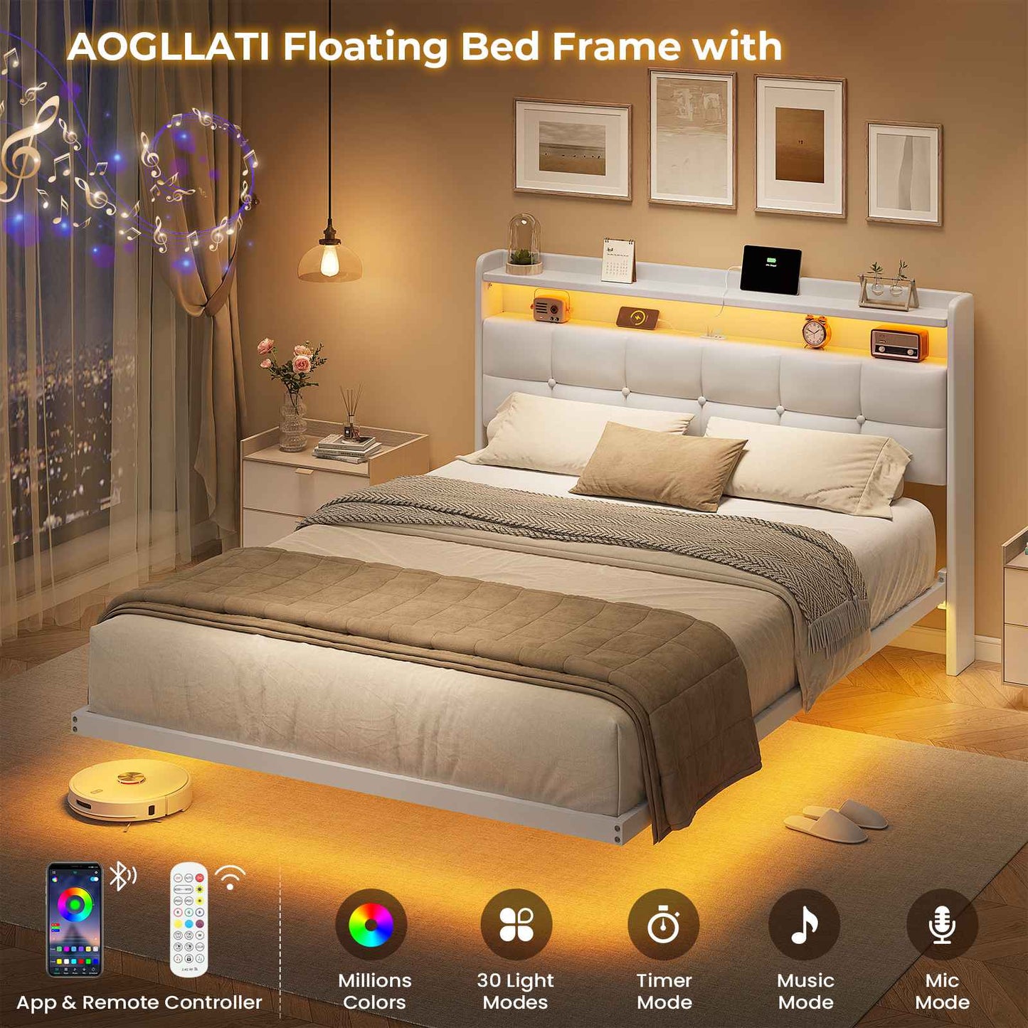 AOGLLATI 4ft6 Floating Double Bed Frame 135×190CM with LED Lights  Charging Station with Upholstered Headboard