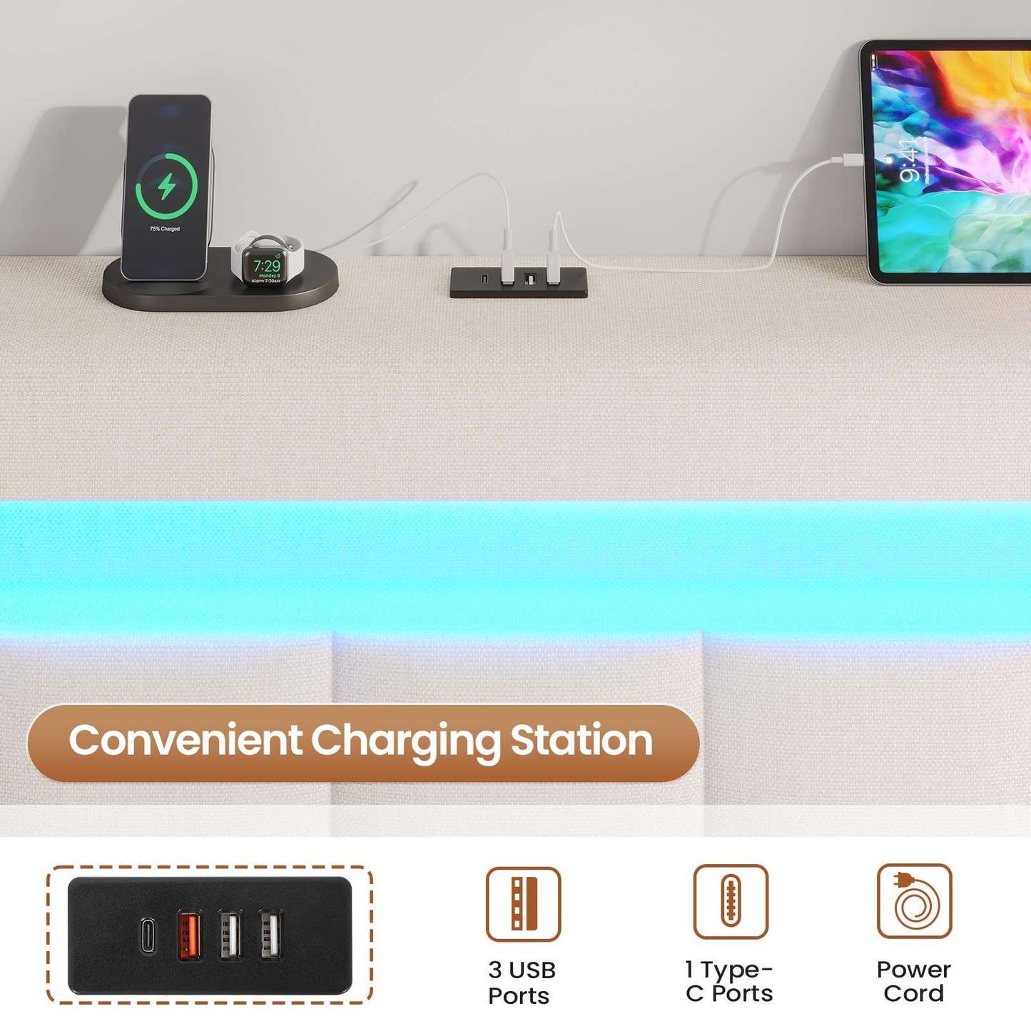 AOGLLATI 5ft King Ottoman Bed Frame 150×200 cm with Charging Station and LED Lights Upholstered Platform Bed frame