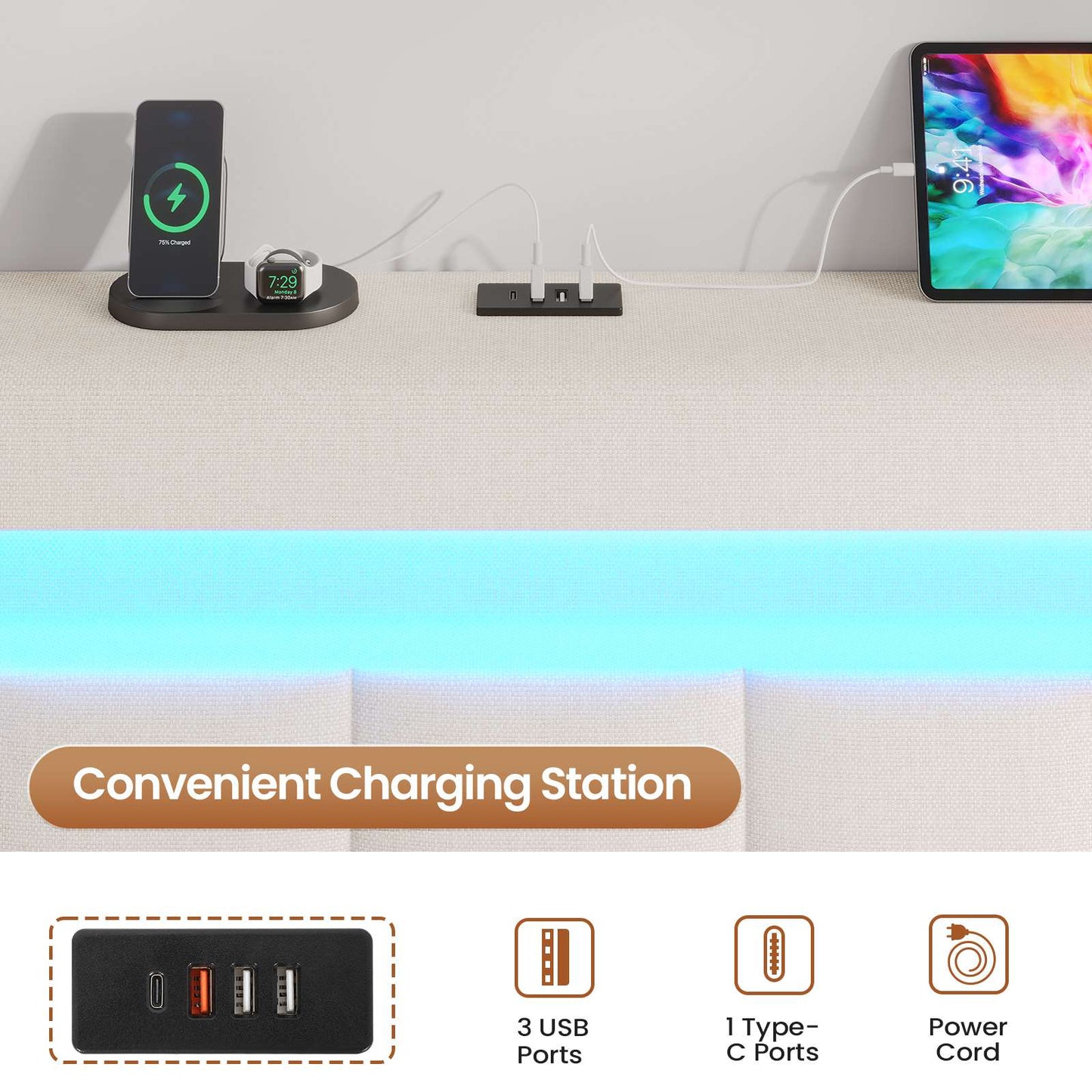 AOGLLATI Double Ottoman Bed Frame 135×190 cm with Charging Station  LED Lights with Under-bed Storage and Storage Headboard