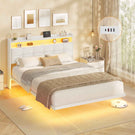 AOGLLATI 4ft6 Floating Double Bed Frame 135×190CM with LED Lights  Charging Station with Upholstered Headboard