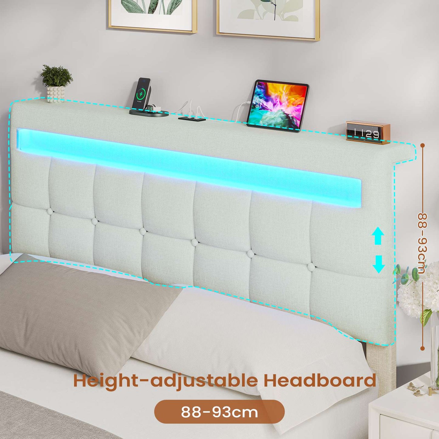 AOGLLATI Double Ottoman Bed Frame 135×190 cm with Charging Station  LED Lights with Under-bed Storage and Storage Headboard