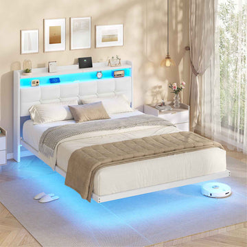 AOGLLATI 4ft6 Floating Double Bed Frame 135×190CM with LED Lights  Charging Station with Upholstered Headboard