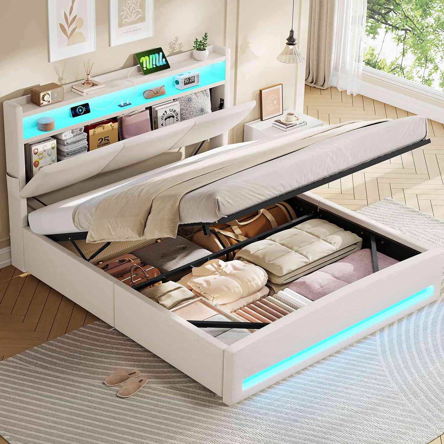 AOGLLATI Ottoman Bed King Size 150x200cm  with Hydraulic Underbed Storage and Charging Ports  5ft Bed Frame with LED Lights