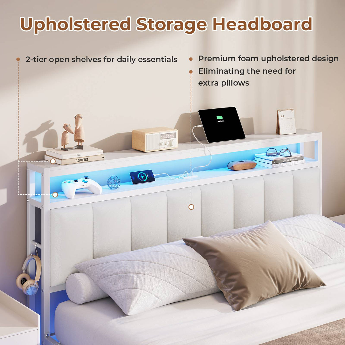 AOGLLATI Double Bed Frame 135x190 cm 4ft6 Floating bed with LED and charging station