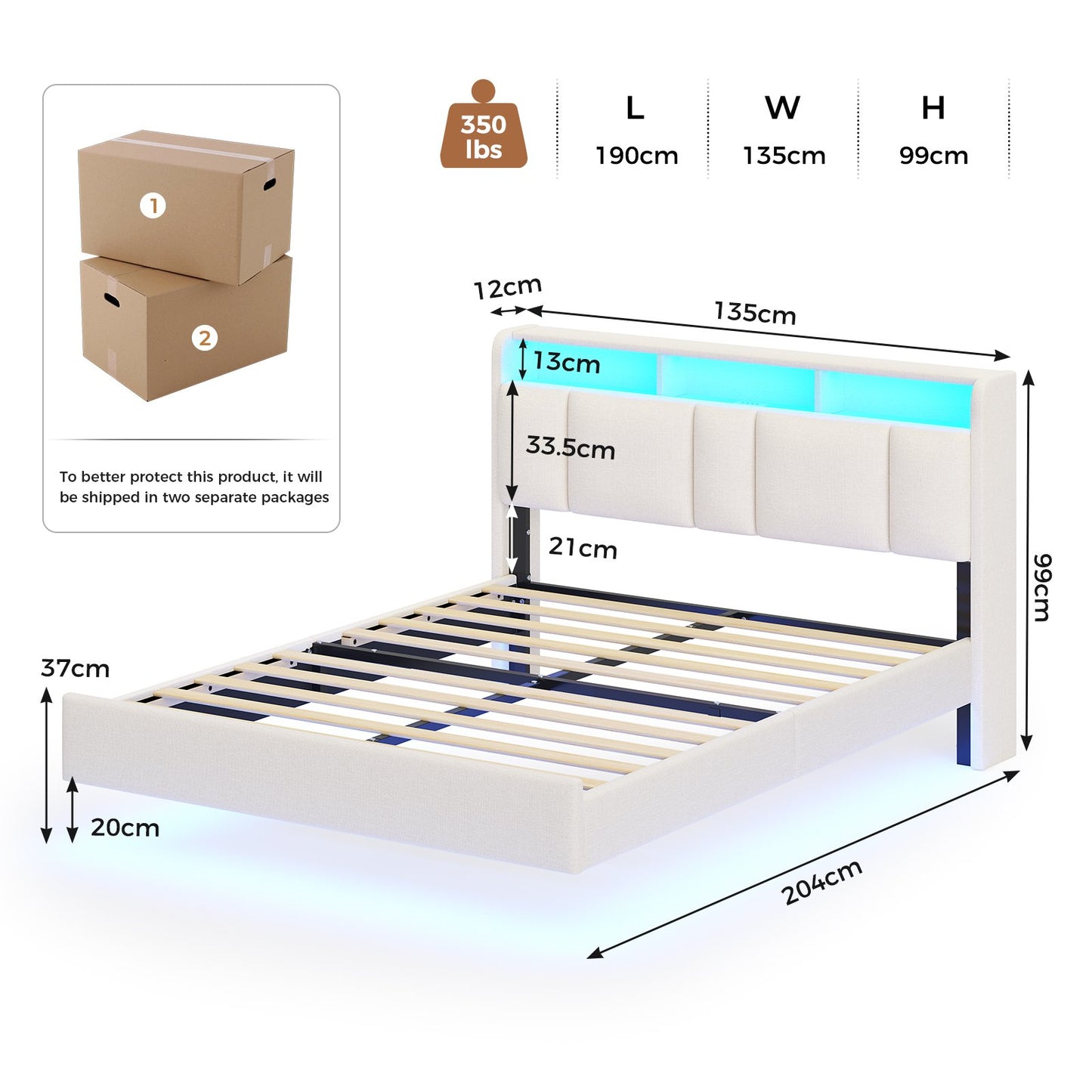 AOGLLATI Double Bed Frame 135x190 cm 4ft6 Floating Bed Charging Station Led Lights Storage Headboard Upholstered bed frame