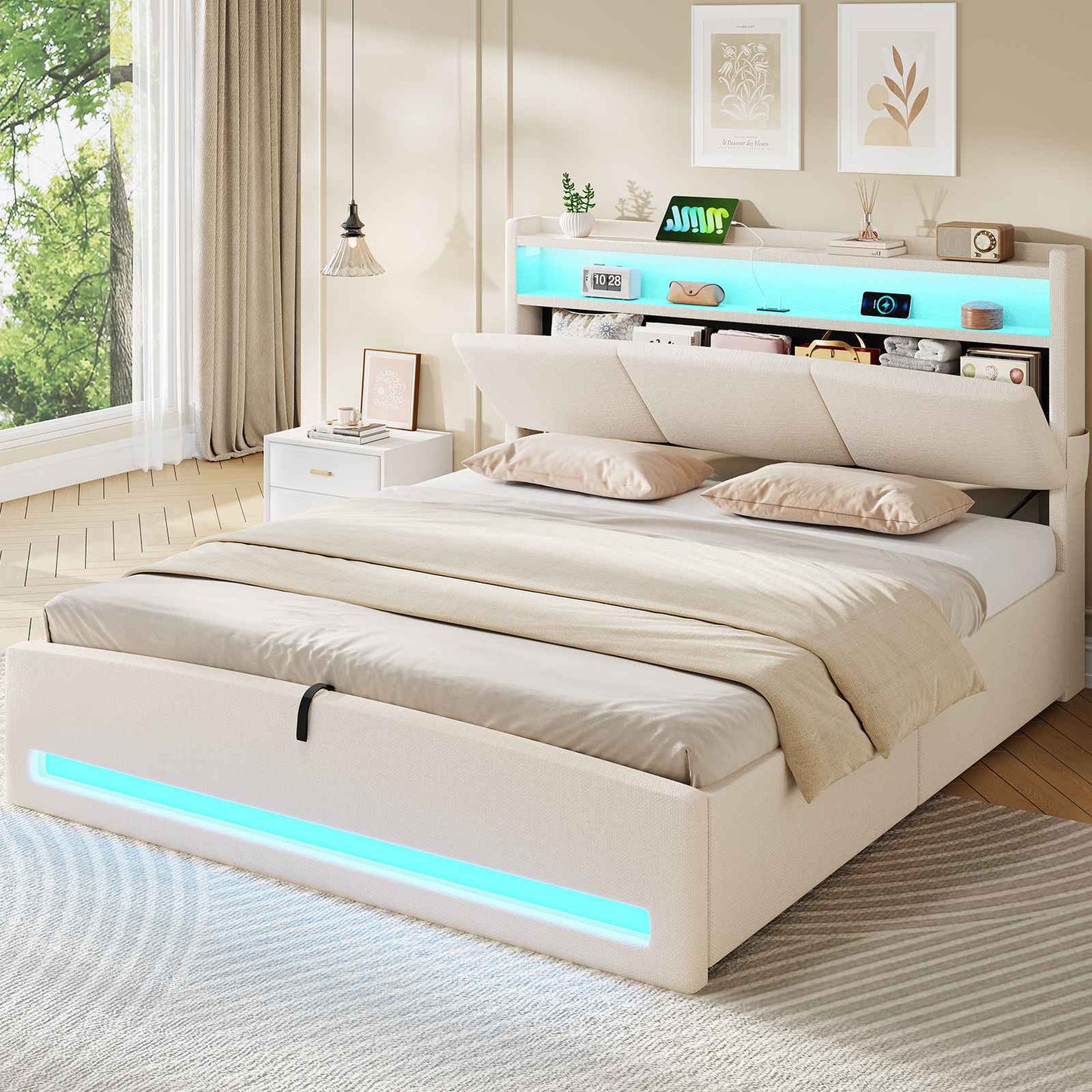 AOGLLATI Ottoman Bed King Size 150x200cm  with Hydraulic Underbed Storage and Charging Ports  5ft Bed Frame with LED Lights