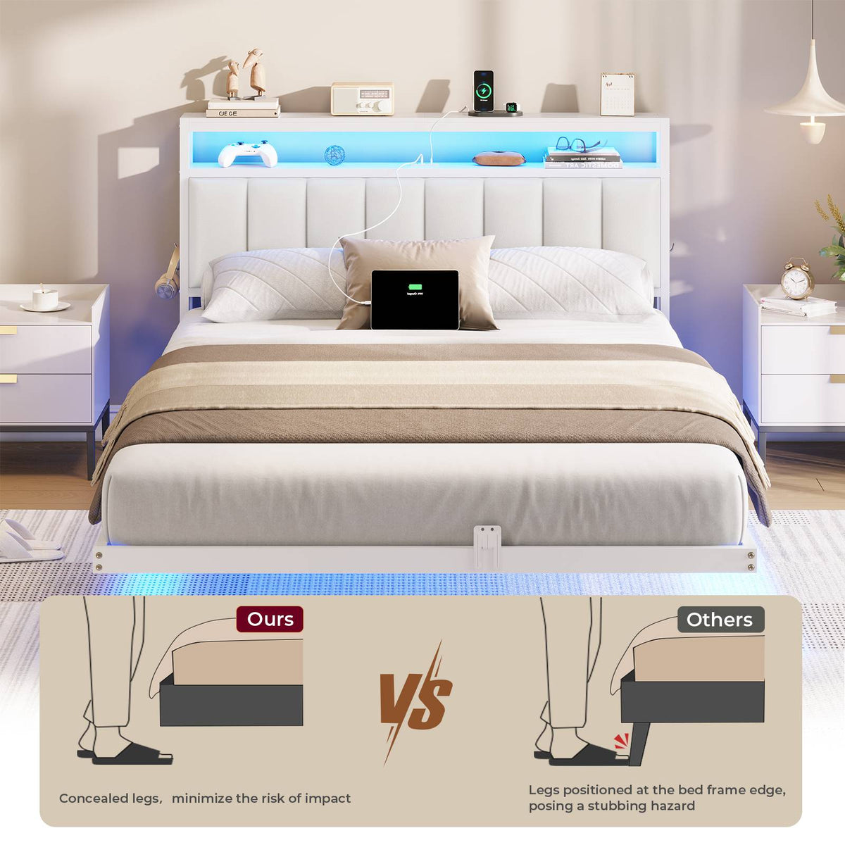 AOGLLATI Double Bed Frame 135x190 cm 4ft6 Floating bed with LED and charging station