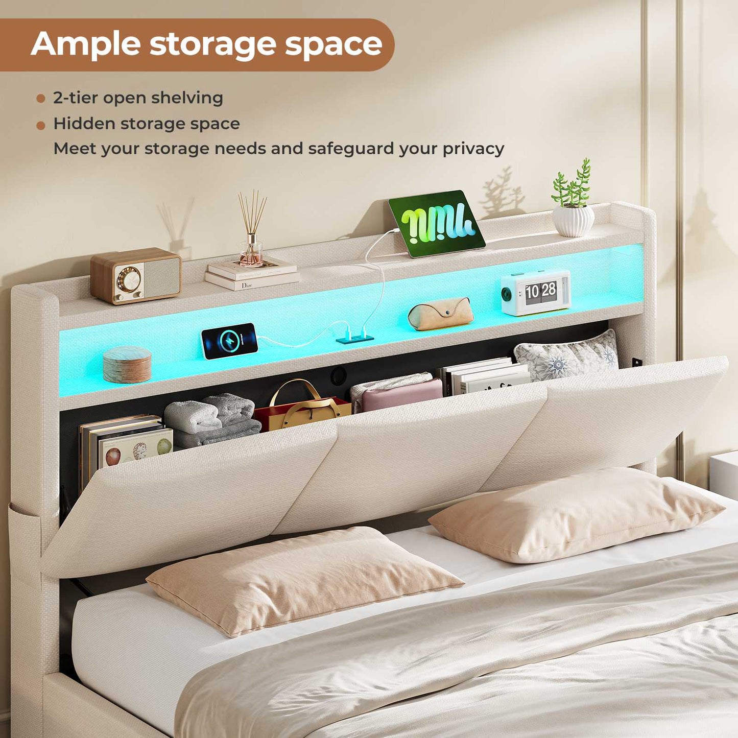 AOGLLATI Ottoman Bed King Size 150x200cm  with Hydraulic Underbed Storage and Charging Ports  5ft Bed Frame with LED Lights