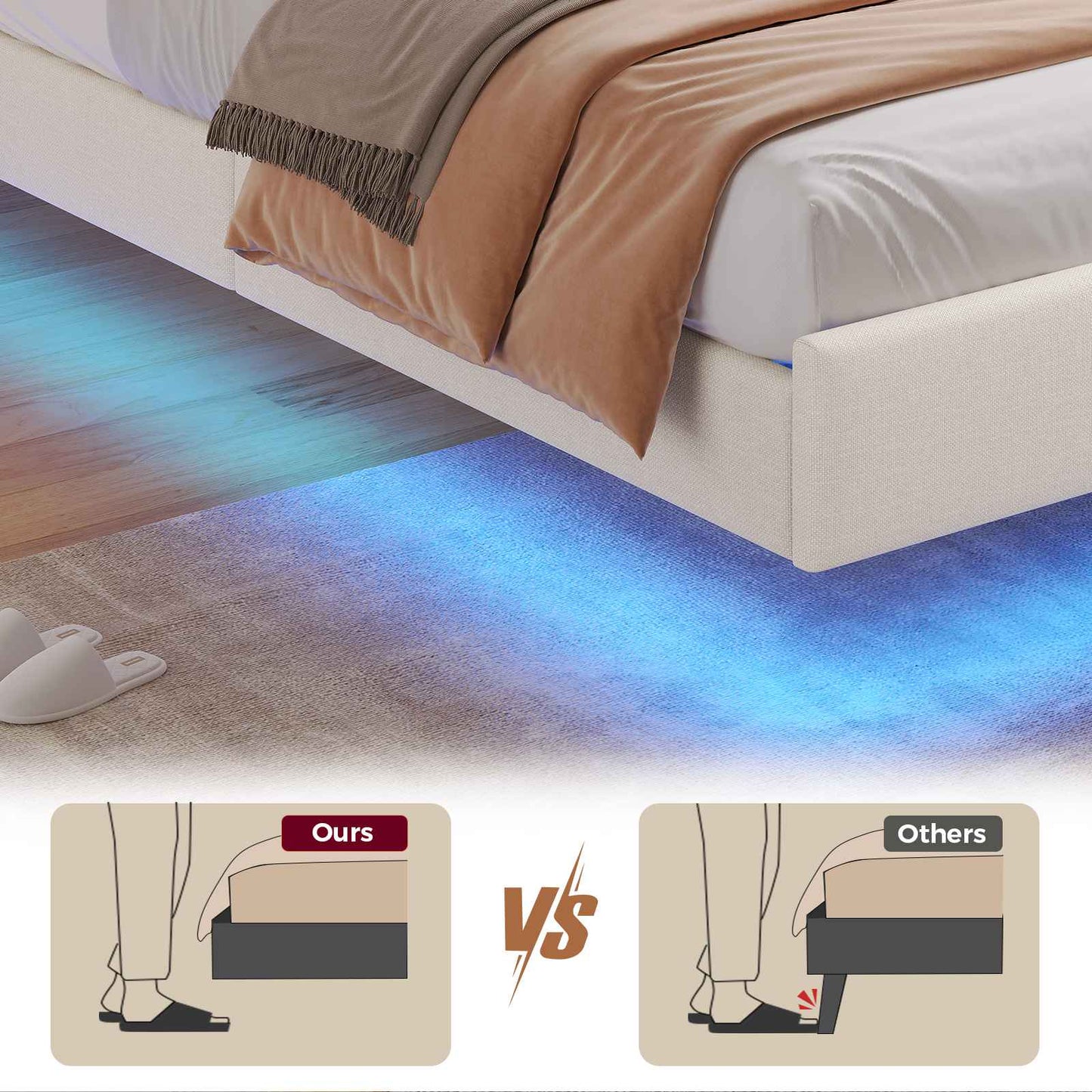 AOGLLATI Double Bed Frame 135x190 cm 4ft6 Floating Bed Charging Station Led Lights Storage Headboard Upholstered bed frame