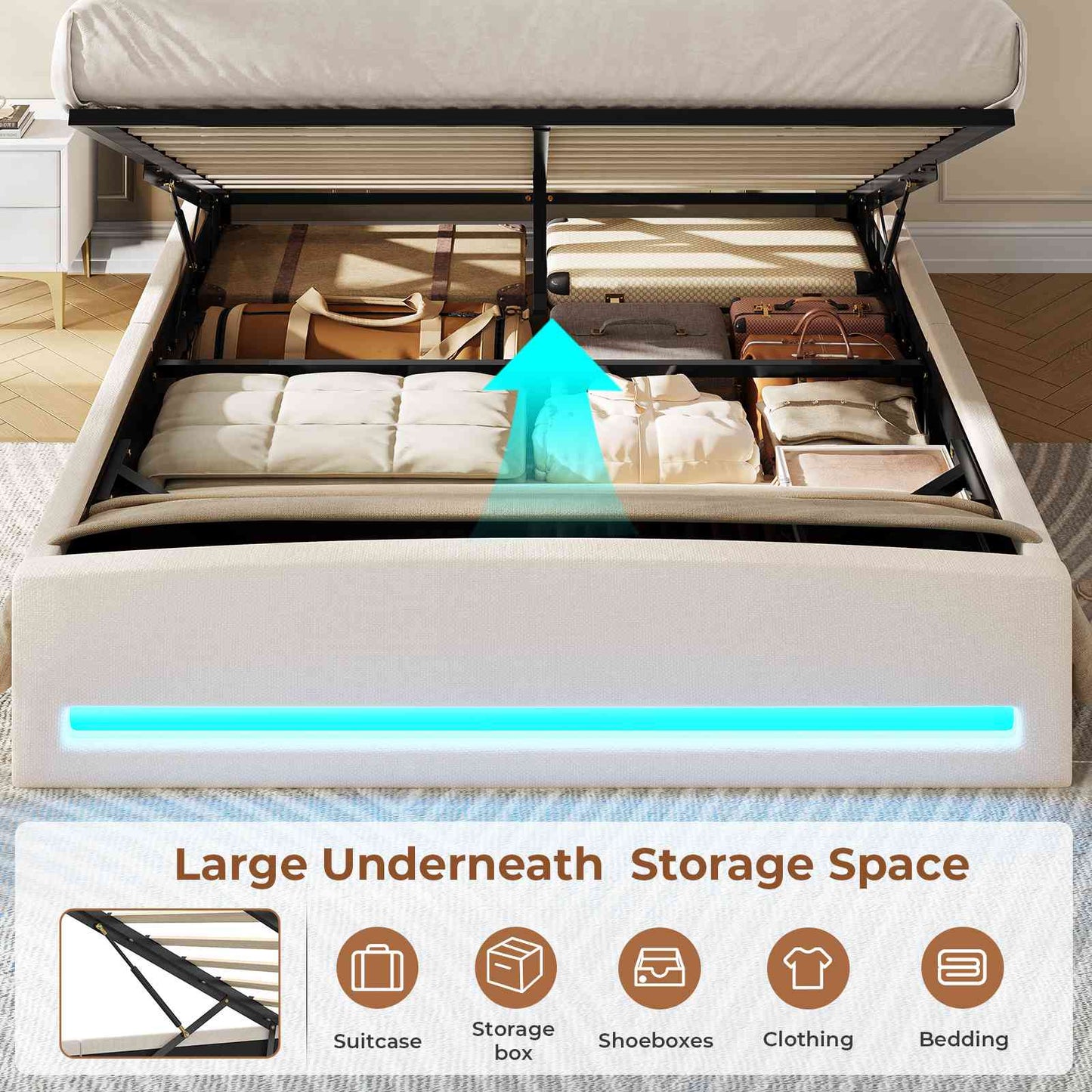 AOGLLATI Ottoman Bed King Size 150x200cm  with Hydraulic Underbed Storage and Charging Ports  5ft Bed Frame with LED Lights
