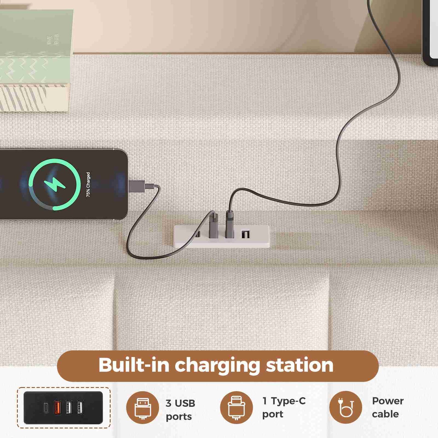 AOGLLATI Double Bed Frame 135x190 cm 4ft6 Floating Bed Charging Station Led Lights Storage Headboard Upholstered bed frame