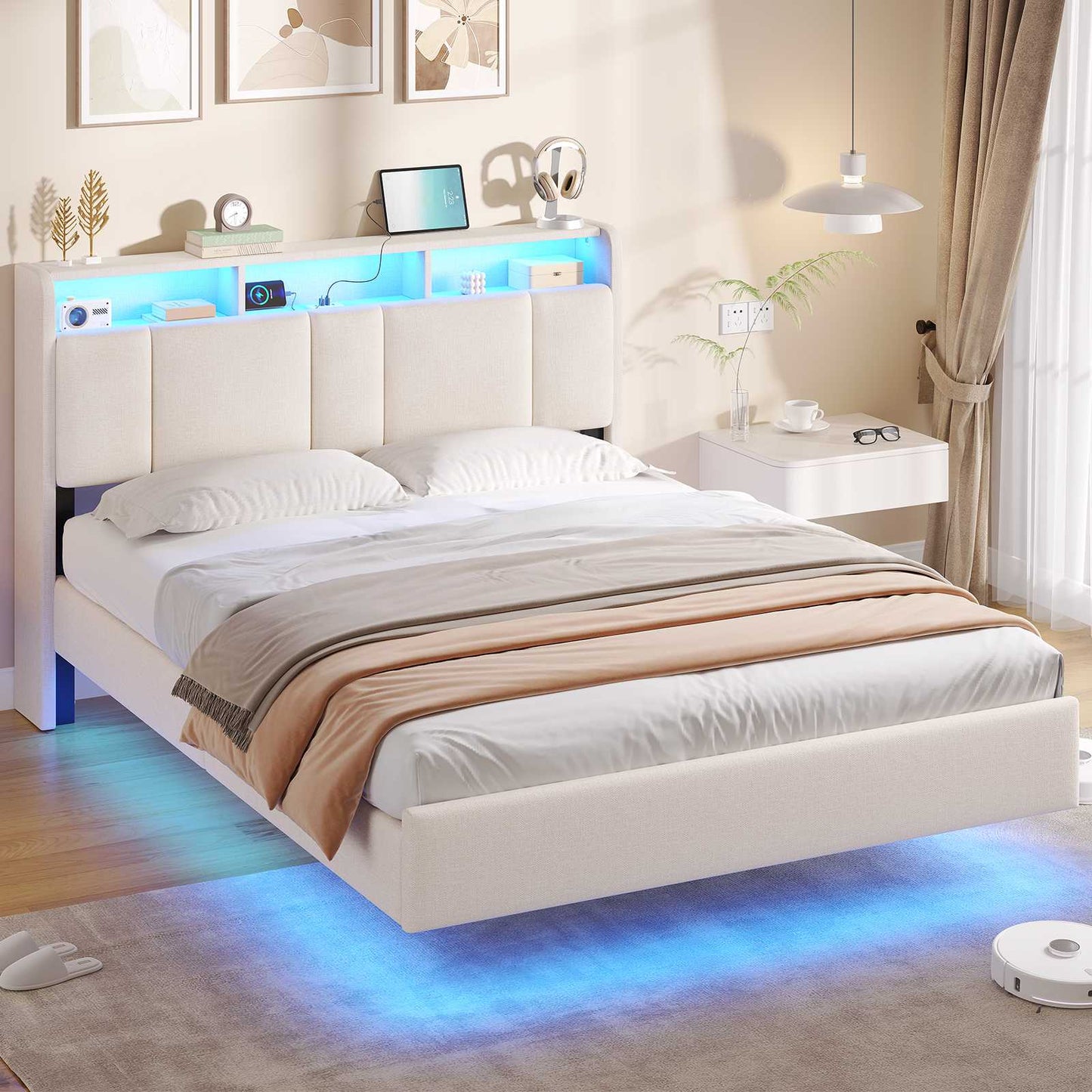 AOGLLATI Double Bed Frame 135x190 cm 4ft6 Floating Bed Charging Station Led Lights Storage Headboard Upholstered bed frame