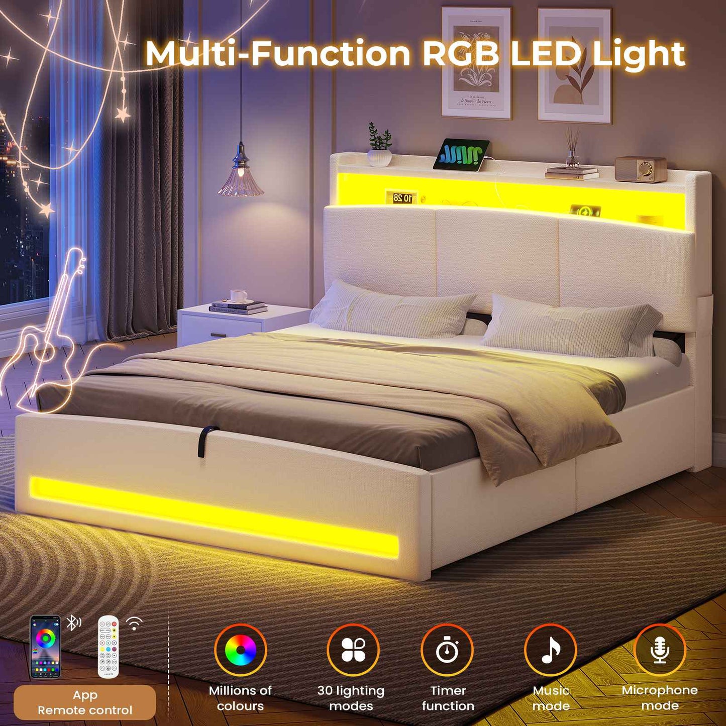 AOGLLATI Ottoman Bed King Size 150x200cm  with Hydraulic Underbed Storage and Charging Ports  5ft Bed Frame with LED Lights