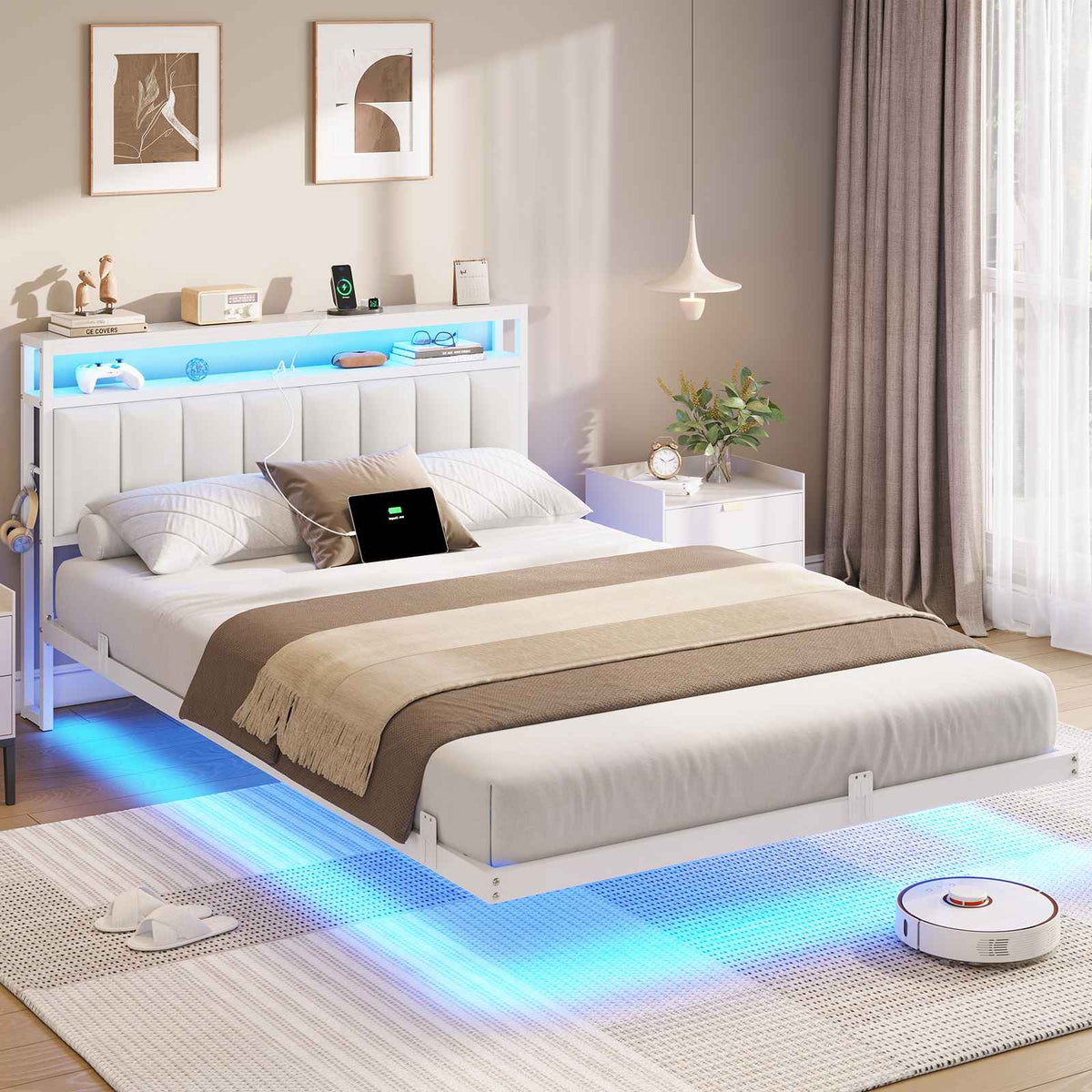 AOGLLATI Double Bed Frame 135x190 cm 4ft6 Floating bed with LED and charging station