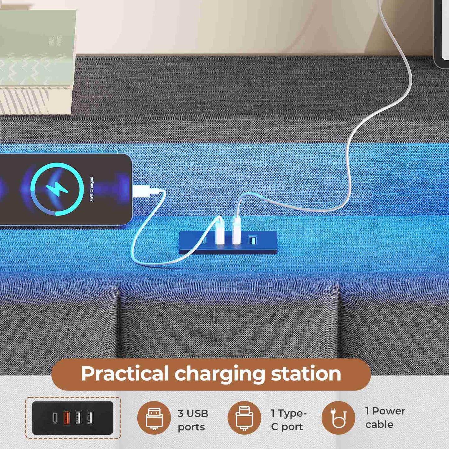 AOGLLATI Double Bed Frame 135x190 cm 4ft6 Floating Bed Charging Station Led Lights Storage Headboard Upholstered bed frame