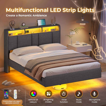 AOGLLATI Double Bed Frame 135x190 cm 4ft6 Floating Bed Charging Station Led Lights Storage Headboard Upholstered bed frame