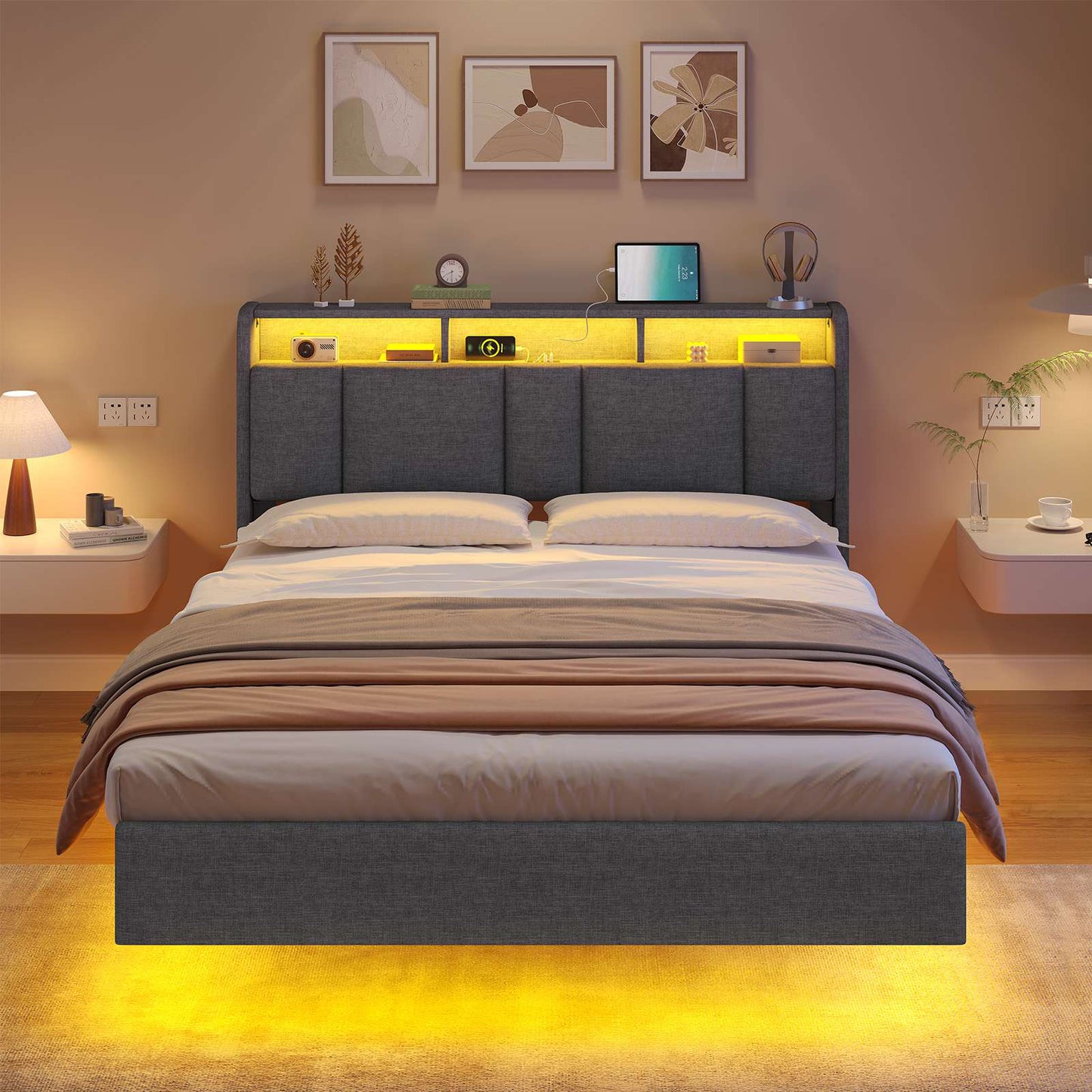 AOGLLATI Double Bed Frame 135x190 cm 4ft6 Floating Bed Charging Station Led Lights Storage Headboard Upholstered bed frame