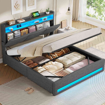AOGLLATI Ottoman Bed King Size 150x200cm  with Hydraulic Underbed Storage and Charging Ports  5ft Bed Frame with LED Lights