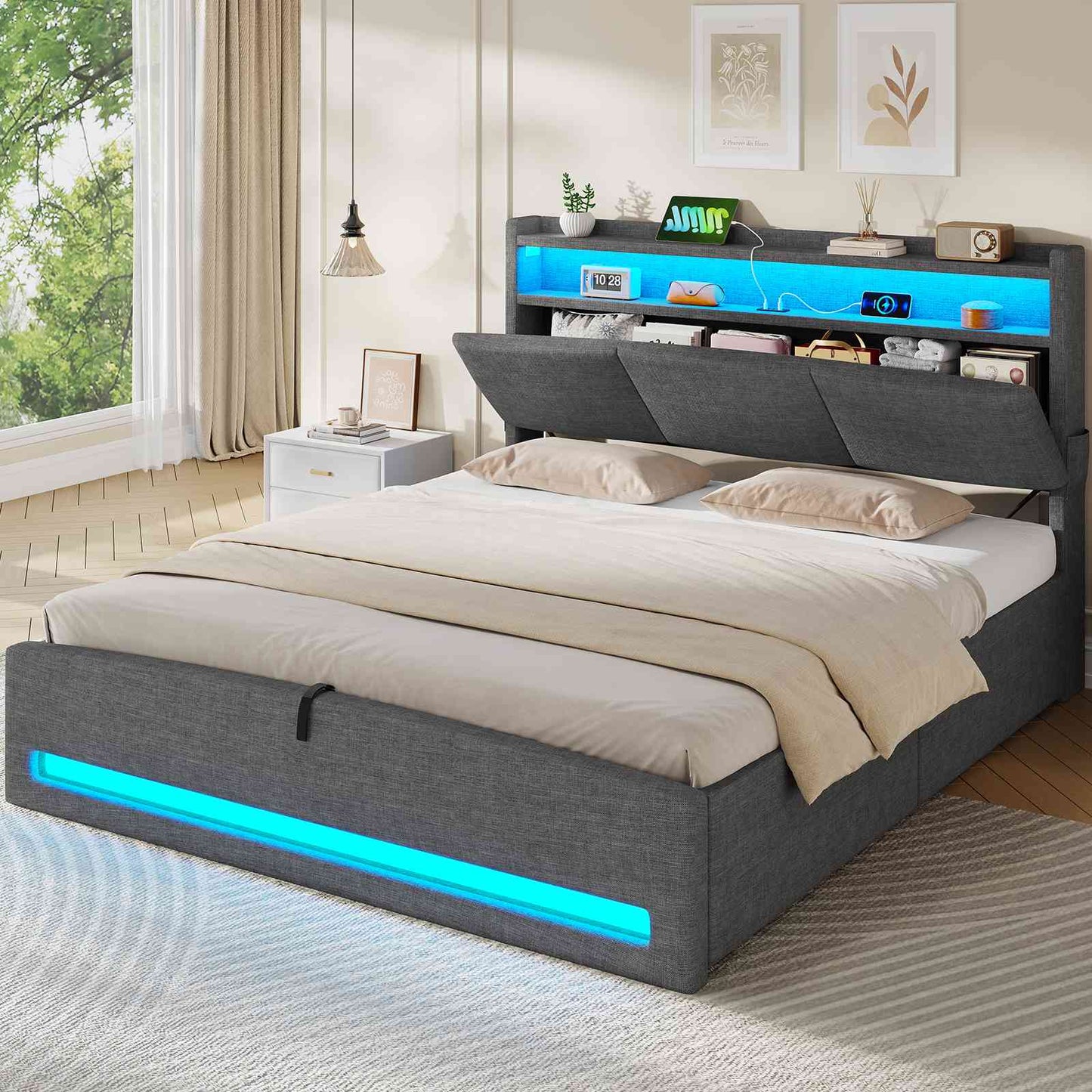 AOGLLATI Ottoman Bed King Size 150x200cm  with Hydraulic Underbed Storage and Charging Ports  5ft Bed Frame with LED Lights