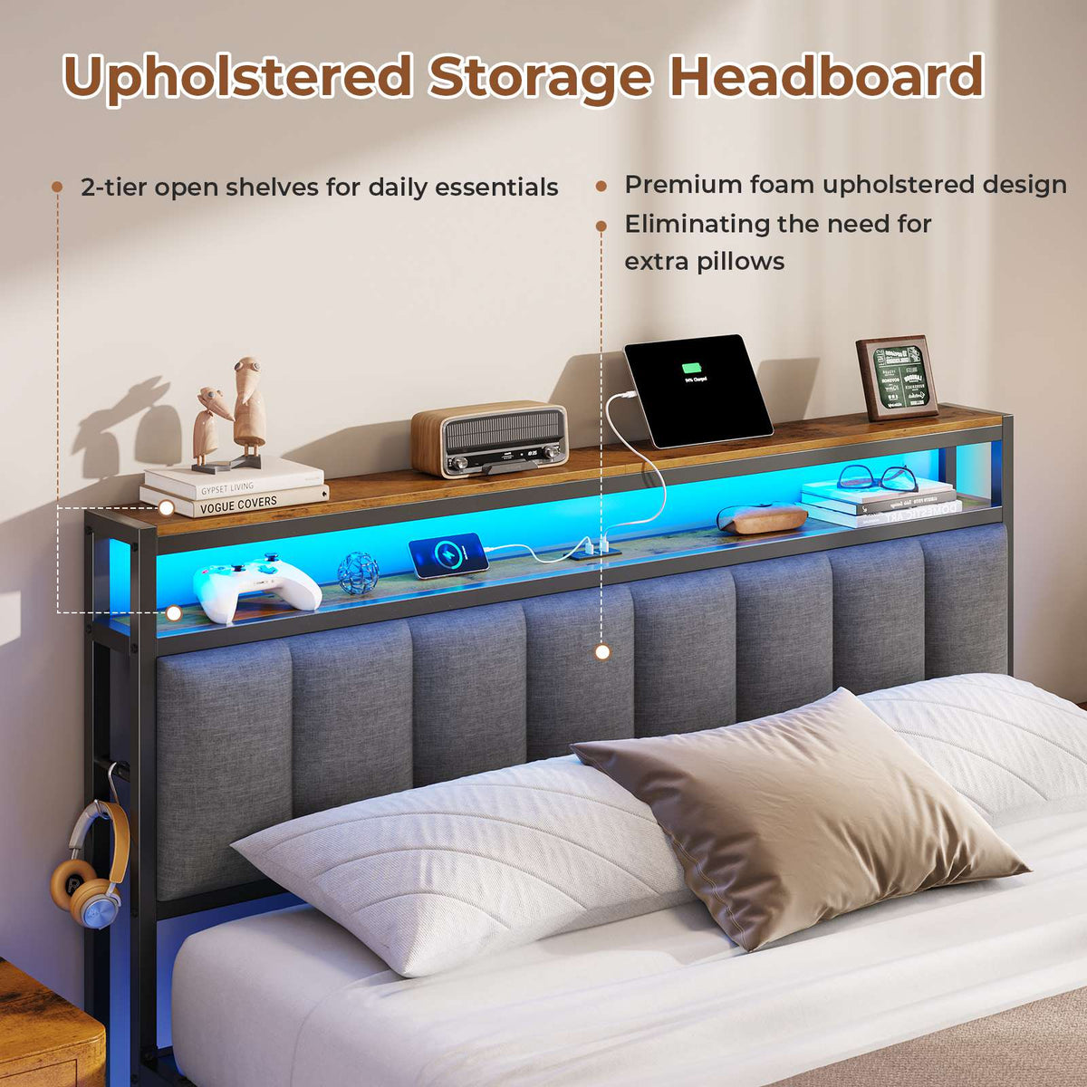 AOGLLATI Double Bed Frame 135x190 cm 4ft6 Floating bed with LED and charging station