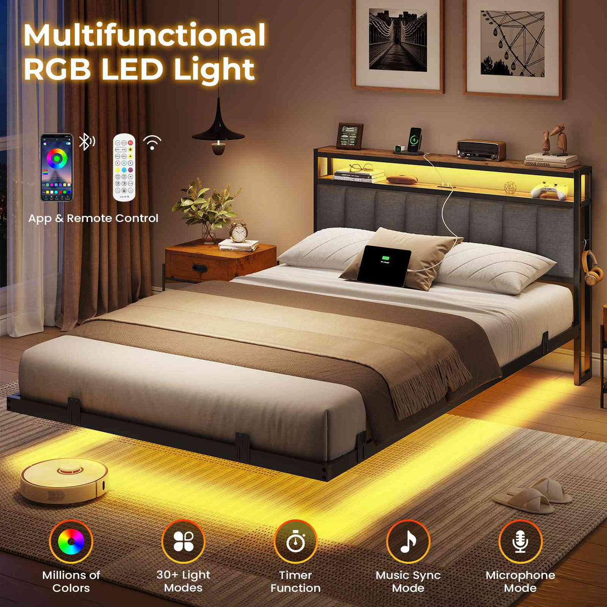 AOGLLATI Double Bed Frame 135x190 cm 4ft6 Floating bed with LED and charging station
