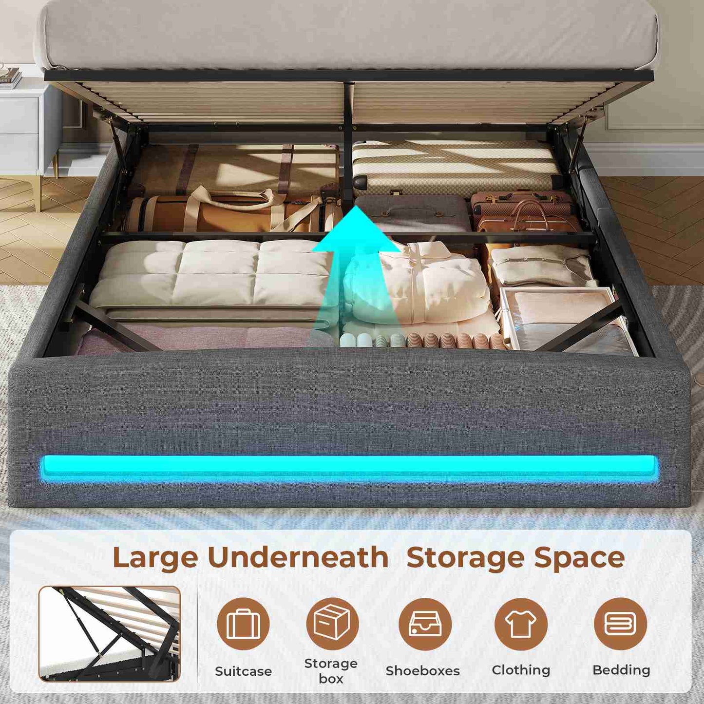 AOGLLATI Ottoman Bed King Size 150x200cm  with Hydraulic Underbed Storage and Charging Ports  5ft Bed Frame with LED Lights