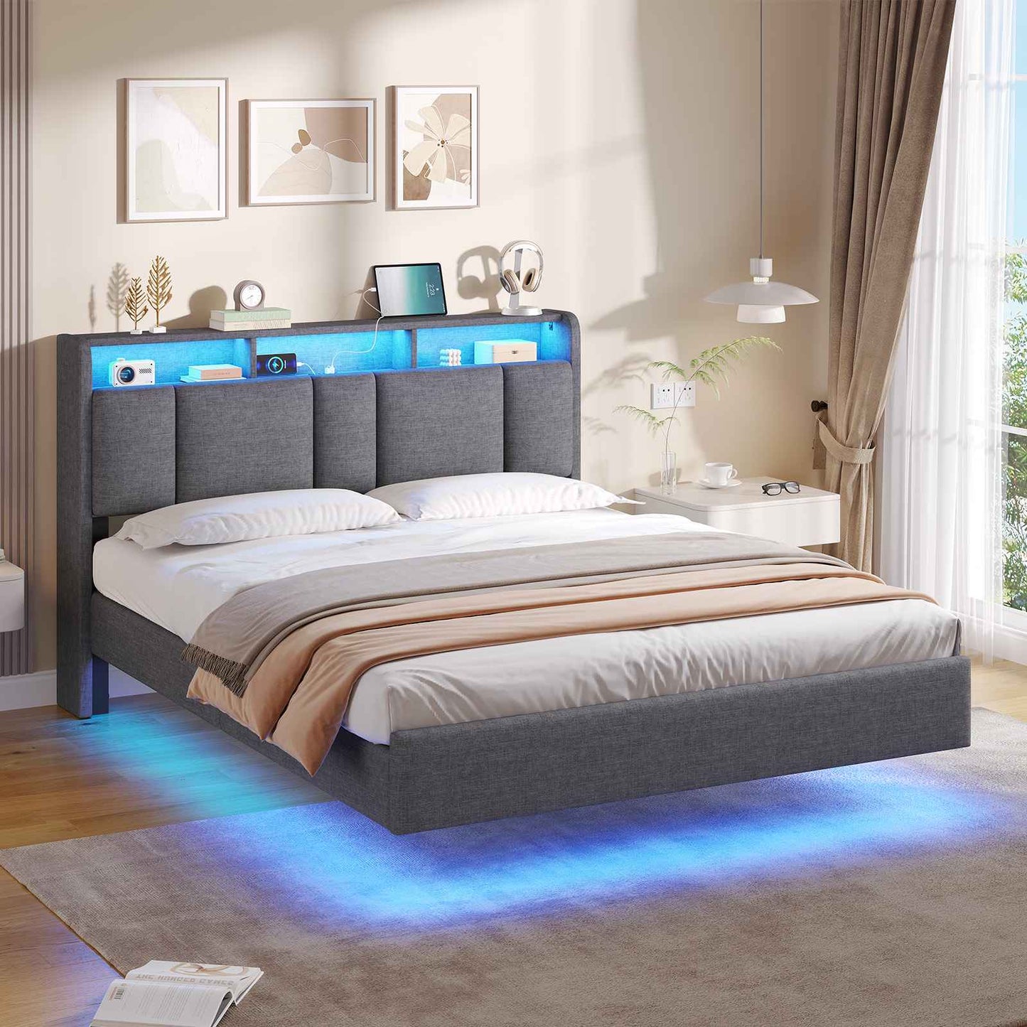 AOGLLATI Double Bed Frame 135x190 cm 4ft6 Floating Bed Charging Station Led Lights Storage Headboard Upholstered bed frame