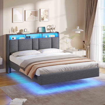AOGLLATI Double Bed Frame 135x190 cm 4ft6 Floating Bed Charging Station Led Lights Storage Headboard Upholstered bed frame