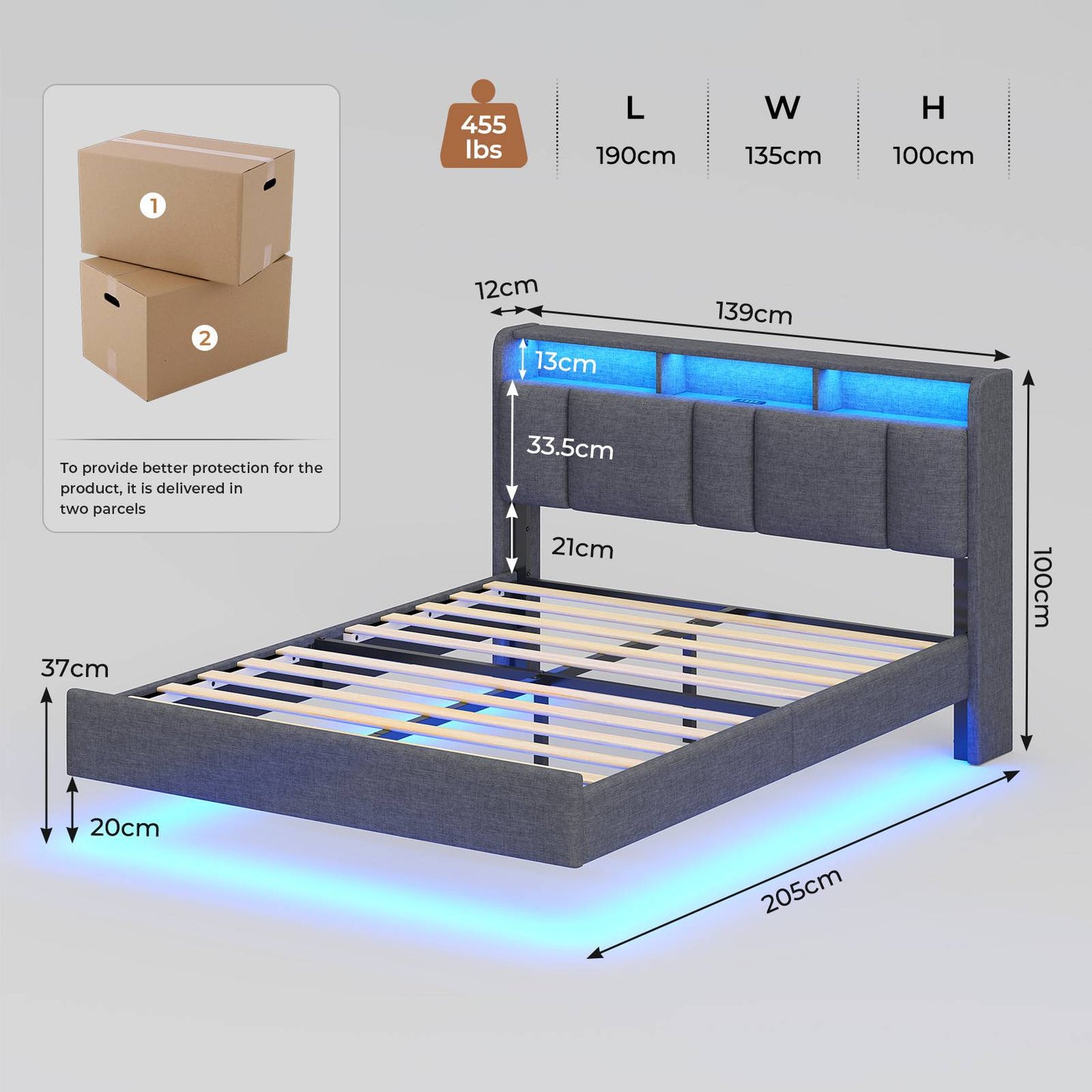 AOGLLATI Double Bed Frame 135x190 cm 4ft6 Floating Bed Charging Station Led Lights Storage Headboard Upholstered bed frame