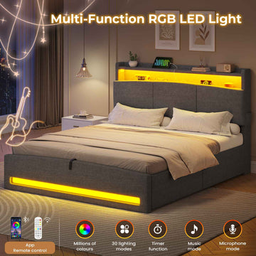 AOGLLATI Ottoman Bed King Size 150x200cm  with Hydraulic Underbed Storage and Charging Ports  5ft Bed Frame with LED Lights