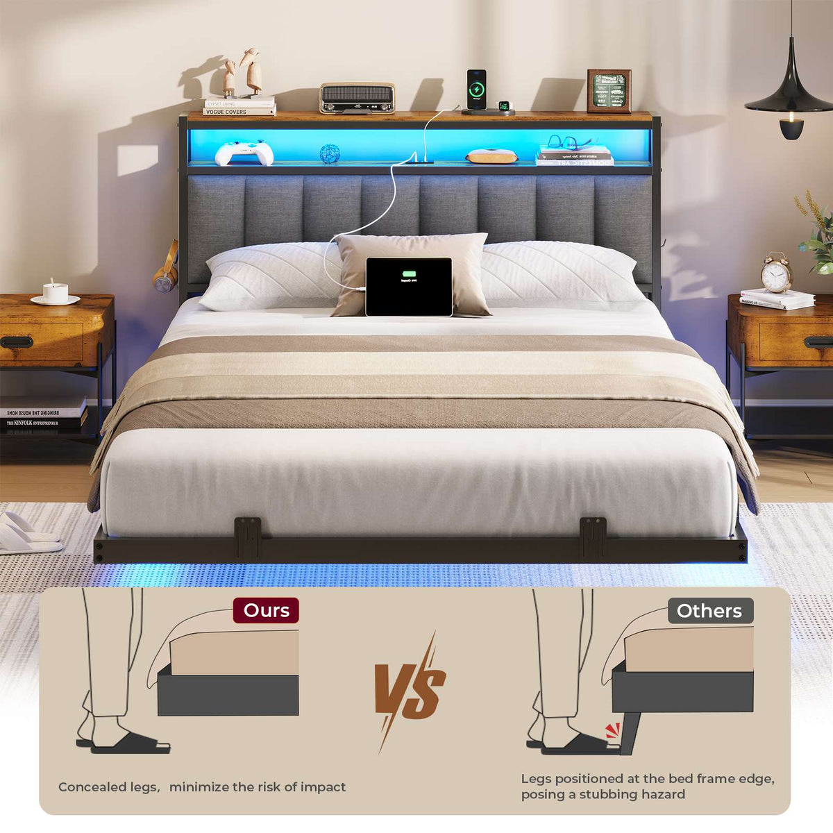 AOGLLATI Double Bed Frame 135x190 cm 4ft6 Floating bed with LED and charging station