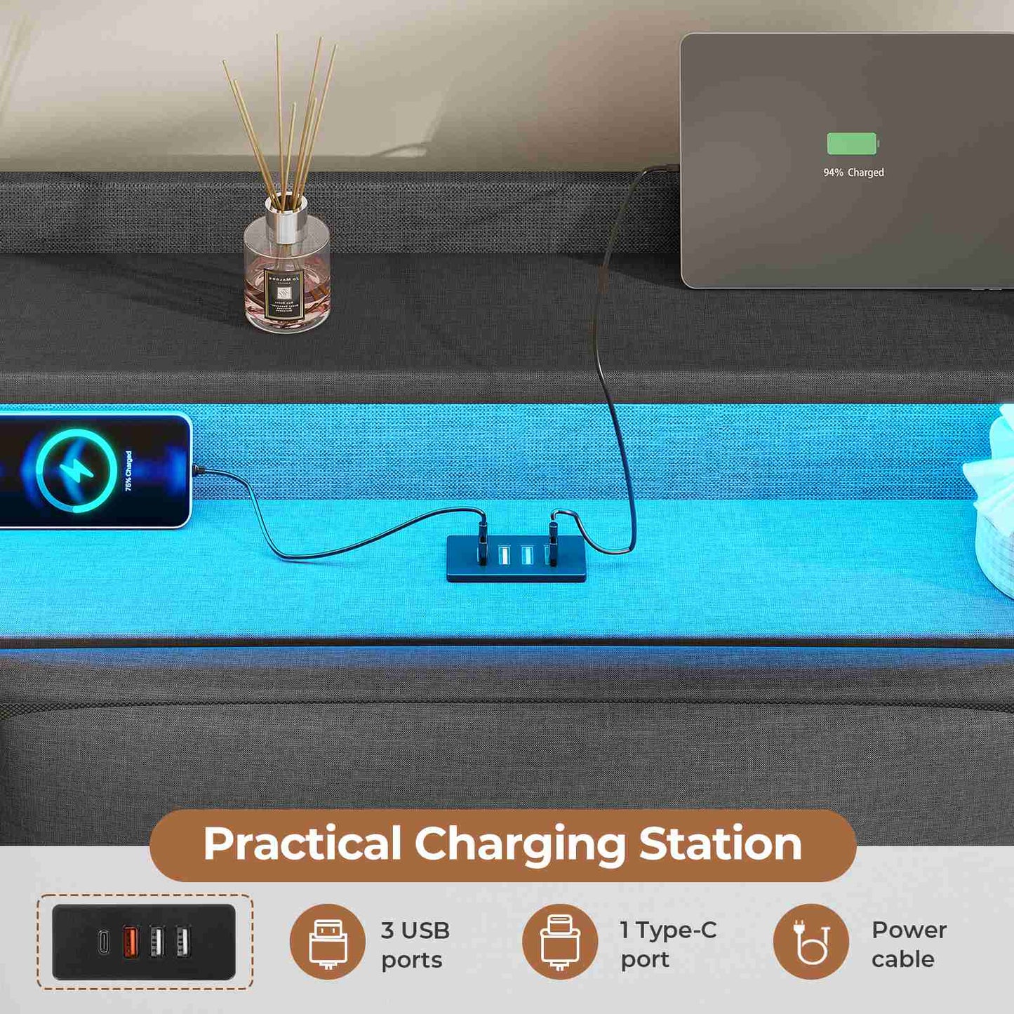 AOGLLATI Ottoman Bed King Size 150x200cm  with Hydraulic Underbed Storage and Charging Ports  5ft Bed Frame with LED Lights