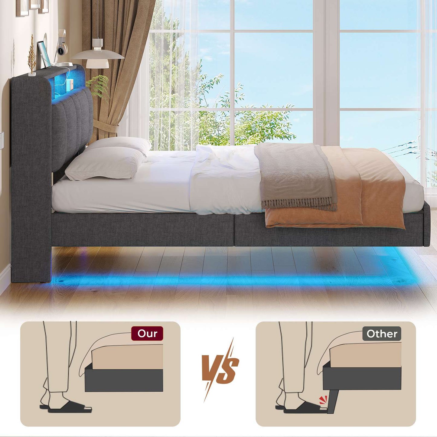 AOGLLATI Double Bed Frame 135x190 cm 4ft6 Floating Bed Charging Station Led Lights Storage Headboard Upholstered bed frame