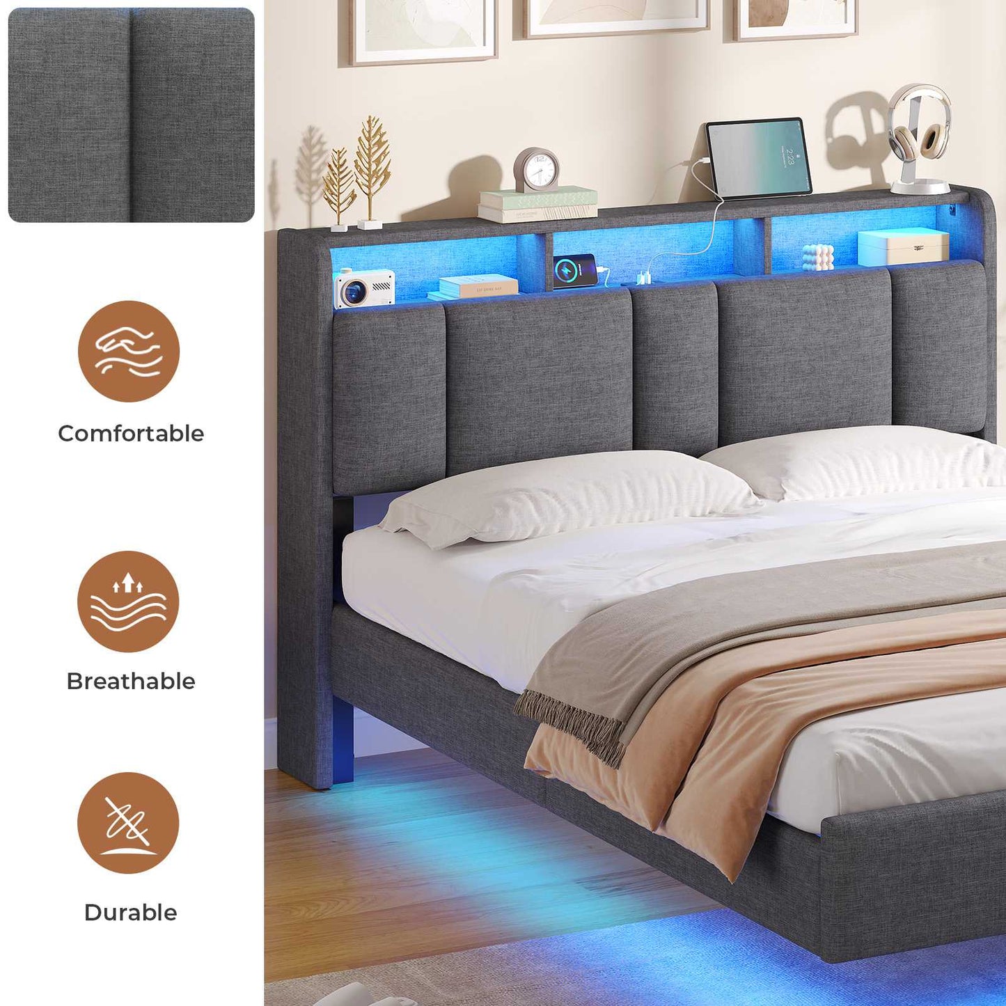 AOGLLATI Double Bed Frame 135x190 cm 4ft6 Floating Bed Charging Station Led Lights Storage Headboard Upholstered bed frame