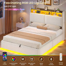 Ottoman Double Bed Frame with 360° LED Lights 4ft6 Upholstered Bed with Built-in Power Strip Corduroy