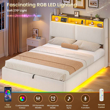 Ottoman Double Bed Frame with 360° LED Lights 4ft6 Upholstered Bed with Built-in Power Strip Corduroy