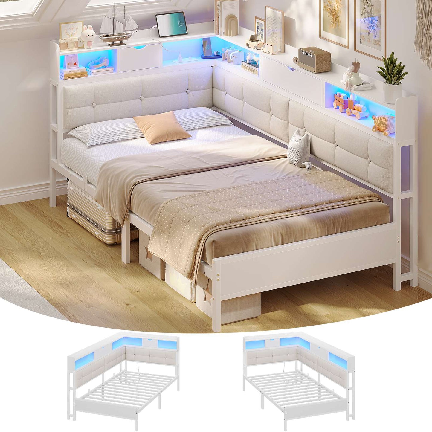 AOGLLATI 3ft Single Bed Frame with Storage Day Bed with Charging Station Corner Bed Frame Sofa Bed Frame with LED Lighting