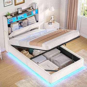 AOGLLATI Single Ottoman Bed with 360° LED Lights 3ft Upholstered Bed with Built-in Power Strip
